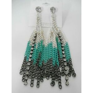 Silver Teal Black Ombré Chains Crystal Earrings